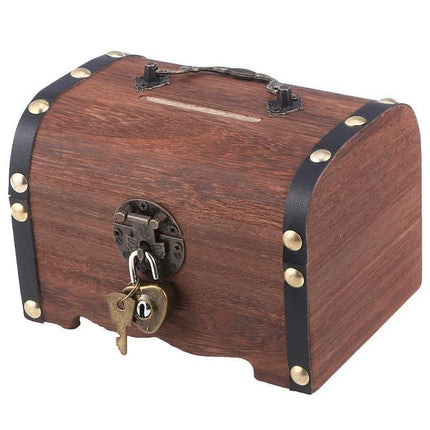 Wooden Treasure Chest Retro Money Storage Box Case Coin Piggy Bank Organizer.