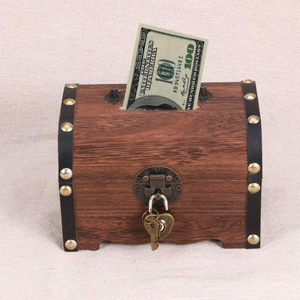 Wooden Treasure Chest Retro Money Storage Box Case Coin Piggy Bank Organizer.