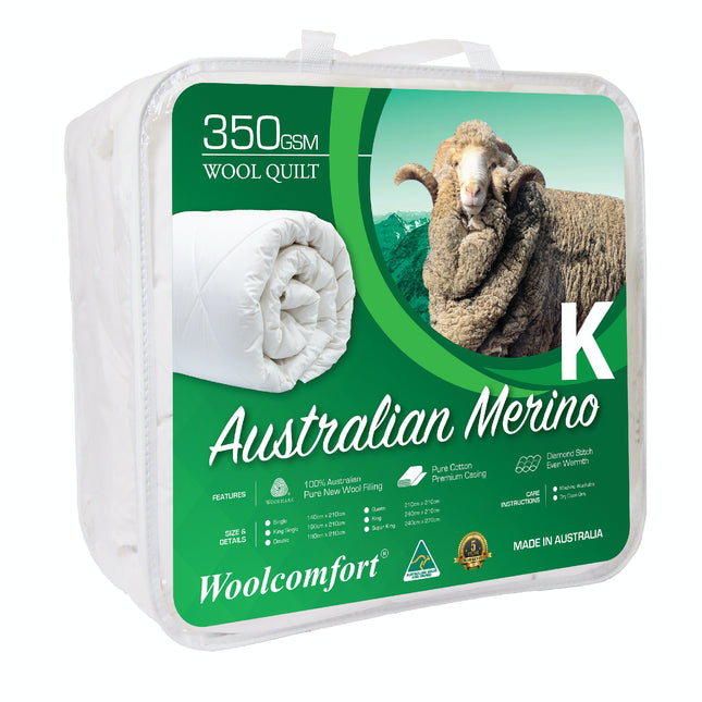 Woolcomfort Aus Made Merino Wool Quilt 350GSM 240x210cm King Size.