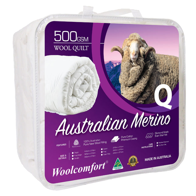 Woolcomfort Aus Made Merino Wool Quilt 500GSM 210x210cm Queen Size.
