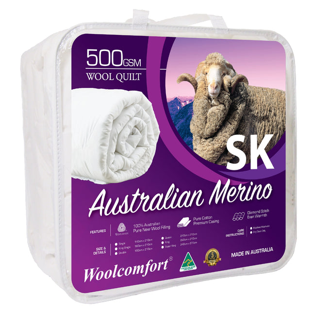 Woolcomfort Aus Made Merino Wool Quilt 500GSM 270x240cm Super King Size.