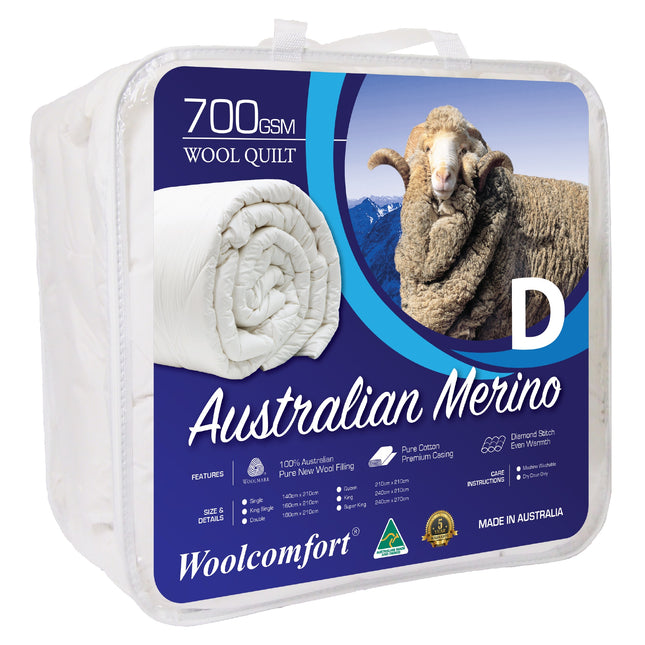 Woolcomfort Aus Made Merino Wool Quilt 700GSM 180x210cm Double Size.