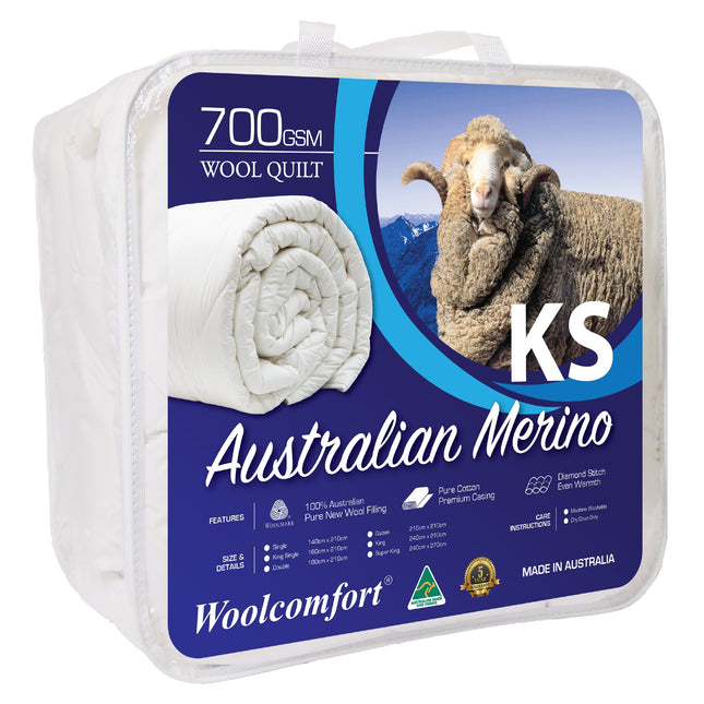 Woolcomfort Aus Made Merino Wool Quilt 700GSM 160x210cm King Single Size.