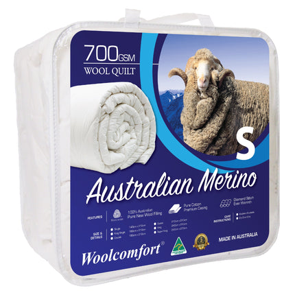 Woolcomfort Aus Made Merino Wool Quilt 700GSM 140x210cm Single Size.