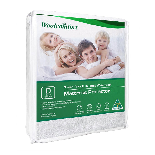 Woolcomfort Cotton Terry Fully Fitted Waterproof Mattress Protector Double Size.