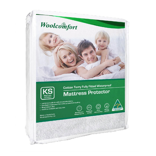 Woolcomfort Cotton Terry Fully Fitted Waterproof Mattress Protector King Single Size.