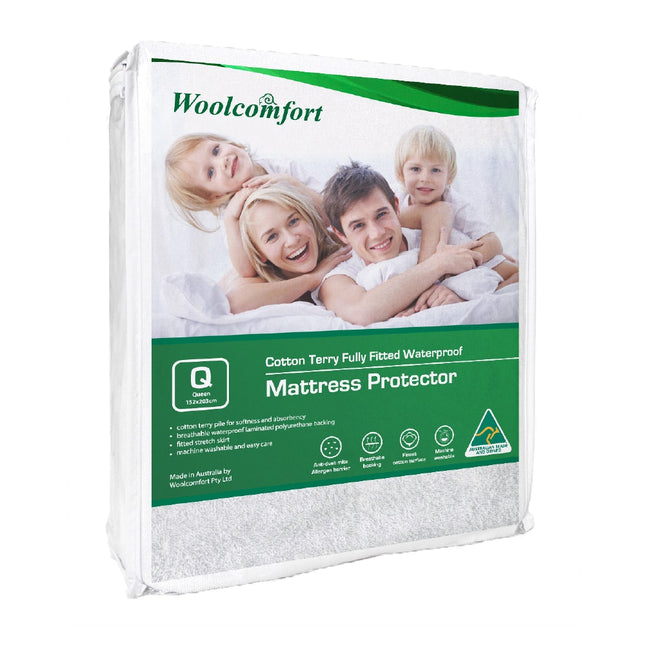 Woolcomfort Cotton Terry Fully Fitted Waterproof Mattress Protector Queen Size.