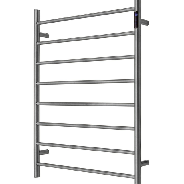 Premium Gunmetal Heated Towel Rack with LED control - 8 Bars, Round Design, AU Standard, 1000x850mm Wide.