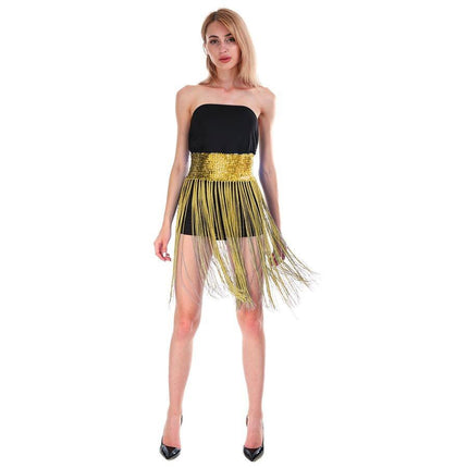 Sequin Belt w/Fringe Skirt Belly Dance Dancer Costume Party - Gold/Yellow.