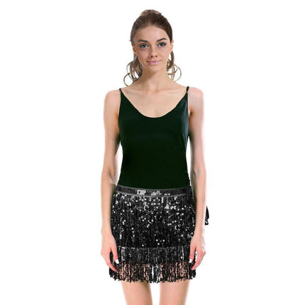 Adult Sequin Fringe Skirt w/ Adjustable Tie Costume Party in Black.