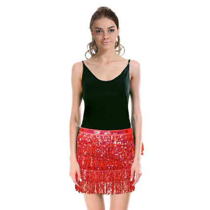 Adult Sequin Fringe Skirt w/ Adjustable Tie Costume Party in Red.