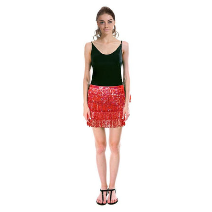 Adult Sequin Fringe Skirt w/ Adjustable Tie Costume Party in Red.