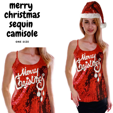 Womens Merry Christmas Sequin Singlet Camisole Cami Costume Party Xmas.