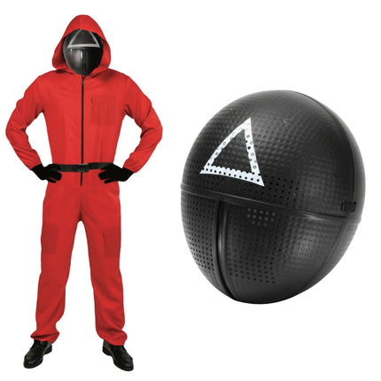 Adult Squid Game Guard Tracksuit Red Full Party Costume Set w/ Mask - Triangle Mask - S/M.
