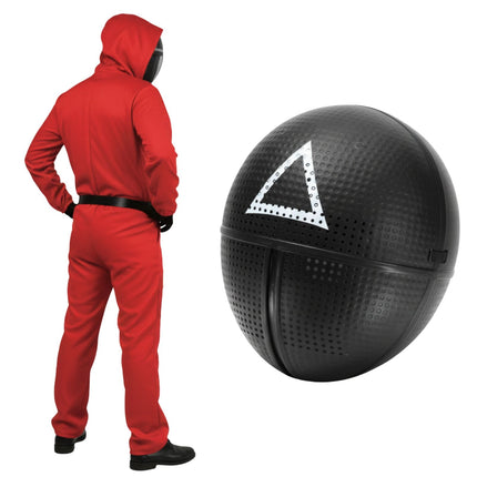 Adult Squid Game Guard Tracksuit Red Full Party Costume Set w/ Mask - Triangle Mask - S/M.