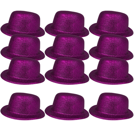 12x GLITTER BOWLER HAT Fancy Party Plastic Costume Cap Fun Dress Up Sparkle BULK - Purple.
