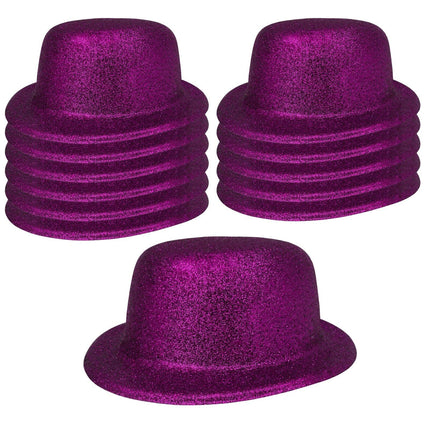 12x GLITTER BOWLER HAT Fancy Party Plastic Costume Cap Fun Dress Up Sparkle BULK - Purple.