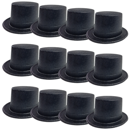 12x GLITTER TOP HAT Fancy Party Plastic Costume Tall Cap Fun Dress Up BULK - Black.