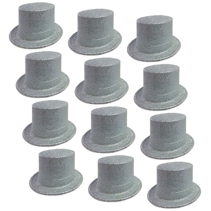 12x GLITTER TOP HAT Fancy Party Plastic Costume Tall Cap Fun Dress Up BULK - Silver.