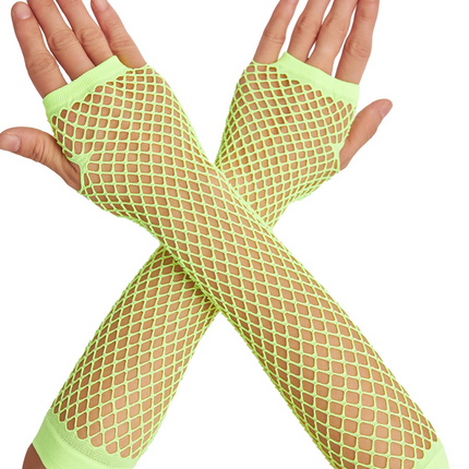 12x Long Elbow Length Fishnet Gloves Fingerless 70s 80s Womens Costume Party Bulk in Fluro Yellow.