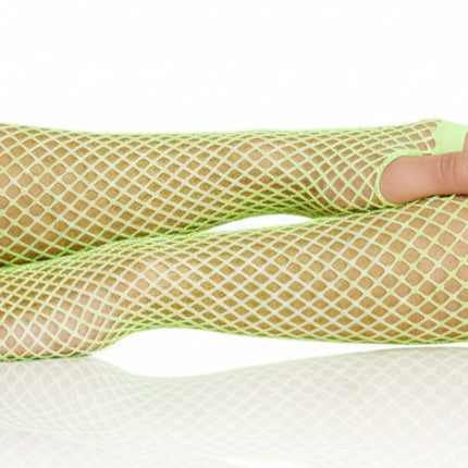 12x Long Elbow Length Fishnet Gloves Fingerless 70s 80s Womens Costume Party Bulk in Fluro Yellow.