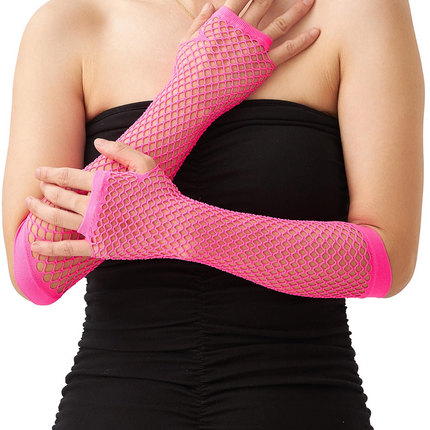 12x Long Elbow Length Fishnet Gloves Fingerless 70s 80s Womens Costume Party Bulk in Hot Pink.