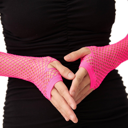 12x Long Elbow Length Fishnet Gloves Fingerless 70s 80s Womens Costume Party Bulk in Hot Pink.