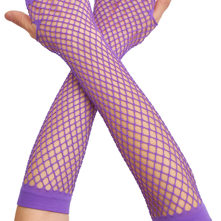 12x Long Elbow Length Fishnet Gloves Fingerless 70s 80s Womens Costume Party Bulk in Purple.