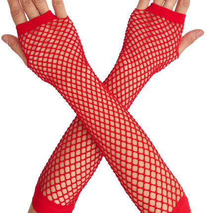 12x Long Elbow Length Fishnet Gloves Fingerless 70s 80s Womens Costume Party Bulk in Red.