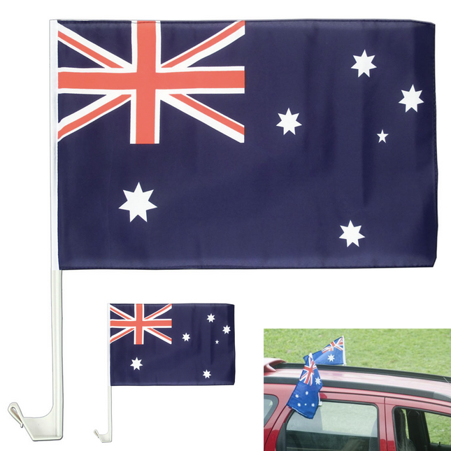 2x AUSTRALIA CAR FLAG with Window Clip Flags Australia Day 30cm x 45cm.