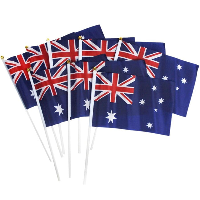 Australian Hand Flags – Set of 8 (14cm x 21cm) – Perfect for Australia Day Celebrations.