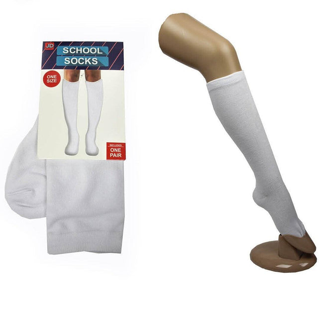 1 Pair SCHOOL SOCKS Plain Knee High Cotton Girls Boys Unisex - White - One Size Fits Most.