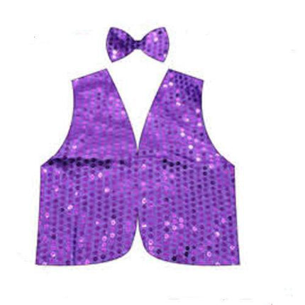 Kids Sequin Vest Bow Tie Set Costume 80s Party Dress Up Waistcoat - Purple.