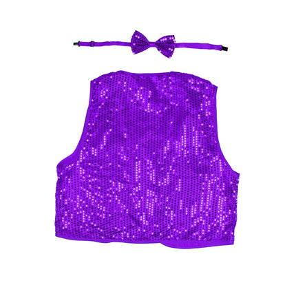 Kids Sequin Vest Bow Tie Set Costume 80s Party Dress Up Waistcoat - Purple.