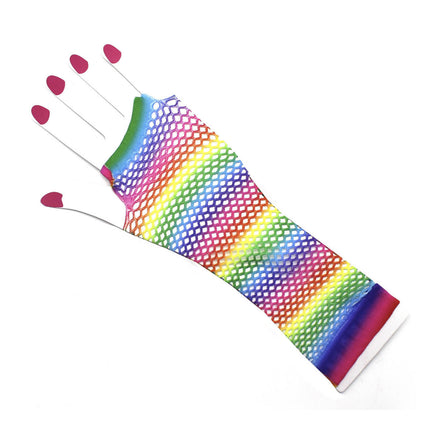 Rainbow Stripe Fishnet Fingerless Gloves 80s Costume Burlesque Mardi Gras Dance.