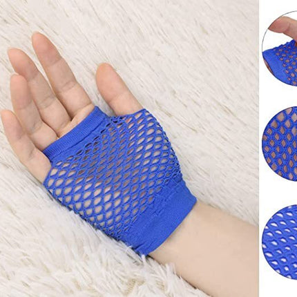 1 Pair Fishnet Gloves Fingerless Wrist Length 70s 80s Costume Party Dance - Blue.