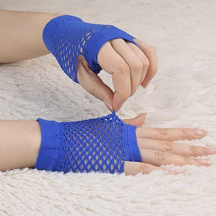 1 Pair Fishnet Gloves Fingerless Wrist Length 70s 80s Costume Party Dance - Blue.