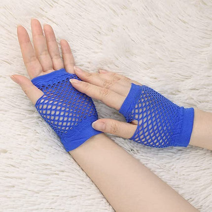 1 Pair Fishnet Gloves Fingerless Wrist Length 70s 80s Costume Party Dance - Blue.