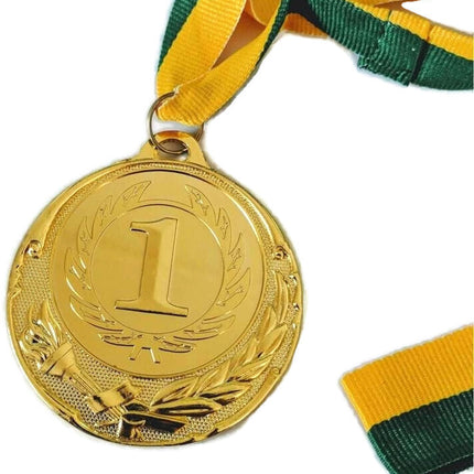 METAL WINNER GOLD MEDAL 1st Party Favours Sports Day 40cm Ribbon - Green/Gold.