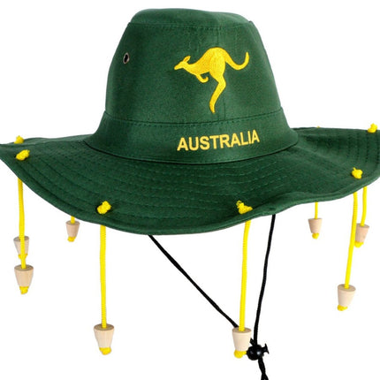 Australian Cork Hat – Green with Gold Kangaroo Embroidery Aussie Australia Day.