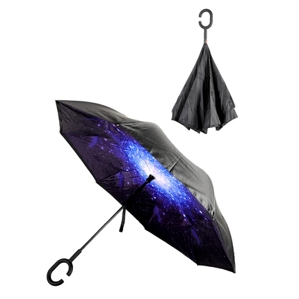 Reverse Umbrella Windproof Double Layer C-Handle Inverted Folding in Galaxy Print.