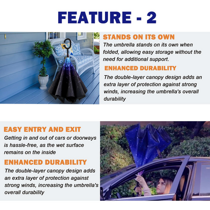 Reverse Umbrella Windproof Double Layer C-Handle Inverted Folding in Galaxy Print.