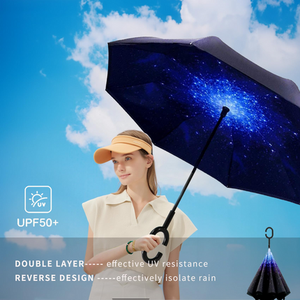 Reverse Umbrella Windproof Double Layer C-Handle Inverted Folding in Galaxy Print.