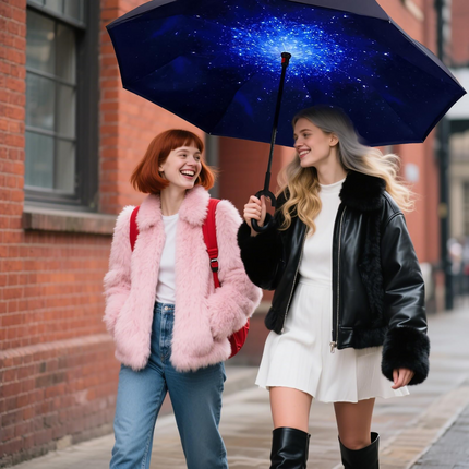 Reverse Umbrella Windproof Double Layer C-Handle Inverted Folding in Galaxy Print.
