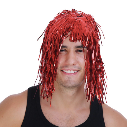 Tinsel Metallic Wig 70s 50s 20s Costume Mens Womens Unisex Disco Fancy Dress Up - Red.