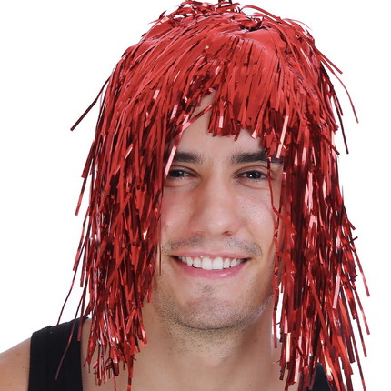 Tinsel Metallic Wig 70s 50s 20s Costume Mens Womens Unisex Disco Fancy Dress Up - Red.