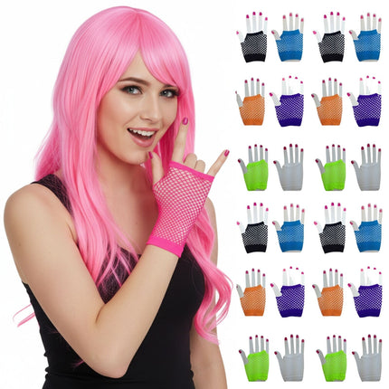 24x Fishnet Gloves Fingerless Wrist Length 70s 80s Womens Costume Party Bulk - Assorted Colour Pack.