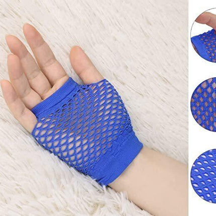 24 Pair Fishnet Gloves Fingerless Wrist Length 70s 80s Costume Party Bulk - Blue.