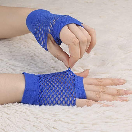 24 Pair Fishnet Gloves Fingerless Wrist Length 70s 80s Costume Party Bulk - Blue.