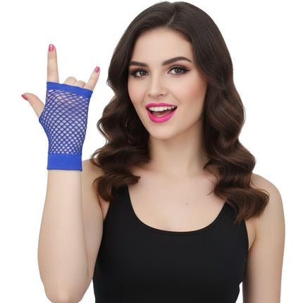 24 Pair Fishnet Gloves Fingerless Wrist Length 70s 80s Costume Party Bulk - Blue.